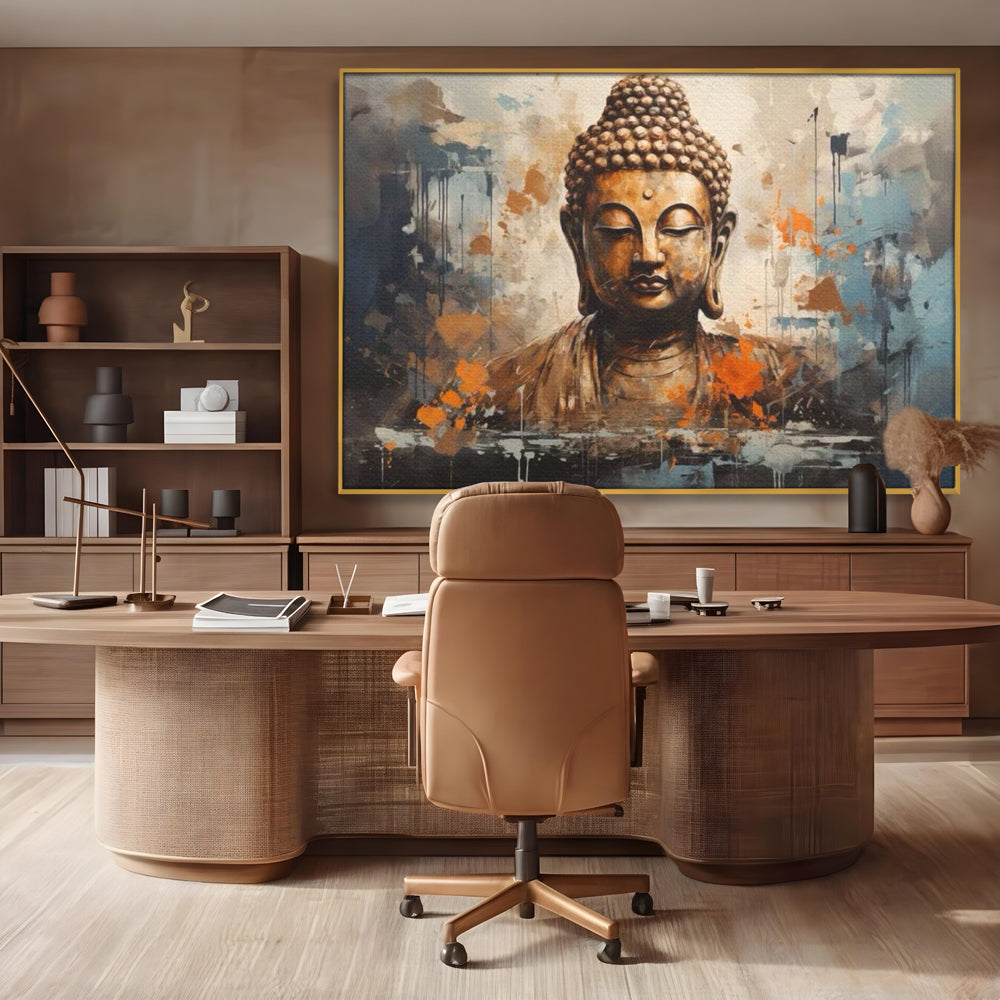Tablou canvas cu tablou canvas cu bustul lui buddha, in rama de aluminiu auriu, pe perete intr-un birou